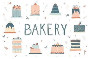 Set of cakes. Various types of delicious cakes. Lettering for a bakery. vector