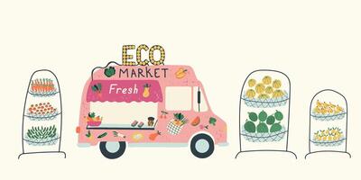 Truck with fruits. Stall counters with eco-friendly vegetables and fruits. Simple colorful illustration. Food truck. Hand drawn illustration. vector