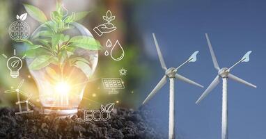 Sustainable development and business operations based on renewable energy CO2 Emission Reduction Concepts Green industries using renewable energy can limit global warming changes. photo