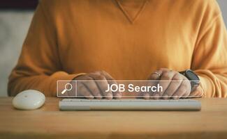 Searching browsing internet data information about job with search bar. Man use keywords to search for information. photo