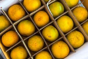 Fresh orange fruit stacked in layers on the brown box photo