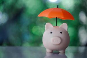 Piggy bank put on wood table with umbrella for protection and against nature background photo