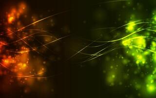 Orange green glowing bokeh lights and wavy lines abstract background vector