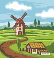 Sunny rural landscape with windmills. illustration vector