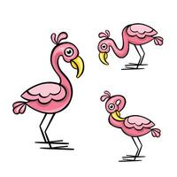 Set of pink flamingos cartoon style illustrations stickers vector