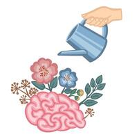 mental health, the brain is watered from a watering can illustration vector