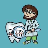 dentista examinando un diente con un aumentador vaso, oral higiene dibujos animados vector