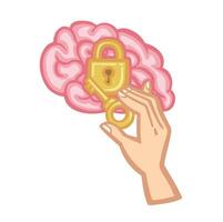 Secrets of the mind, lock on the brain and hand with key illustration symbol vector
