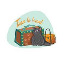Funny cat and hand drawn text - time to travel in color cartoon style. vector