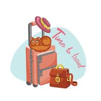 de colores dibujos animados estilo mano dibujado gato sentado en maletas, apilar de viaje bolsas. ilustración vector