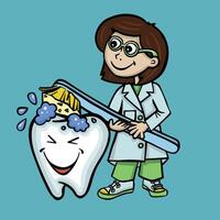 dentista limpieza un diente con un cepillo de dientes dibujos animados estilo vector