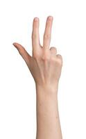 Hand gesture showing number three. Caucasian woman holding up palm, signaling with fingers. Abstract photo