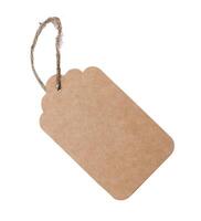 Brown kraft label, empty blank paper tag in twine, string, rope isolated on white background photo