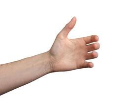 Holding something blank empty space, hand gesture isolated on white photo
