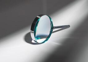 Abstract concept of investigation and discovery. Shadow and light play on silver glass, magnifying photo