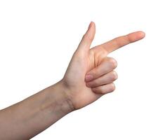 Cool, finger and hand gesture, pointing aside isolated on white photo