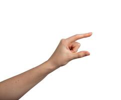 mujer s mano, demostración un resumen gesto. hembra palmera, dedos abierto, avaro un invisible objeto. foto