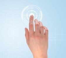 Finger touching digital button, electronic screen in cyberspace. Abstract technology photo