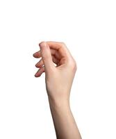 Hand holding something, fingers in tiny thin gesture, isolated on white background photo