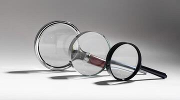 Glass magnifier for search and analysis. Transparent lens to zoom and focus. Business and science photo