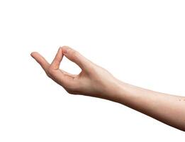 zen, yoga mano gesto aislado en blanco foto