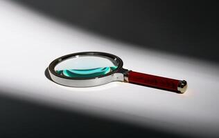 Vintage magnifying glass on shadow background. Minimal retro object, old glass lens. Search, zoom, photo