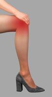 Knee pain. Hand holding leg joint, standing in heeled shoes photo