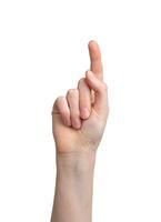 Hand pointing finger up gesture. Isolated on white background. Showing direction with forefinger. photo