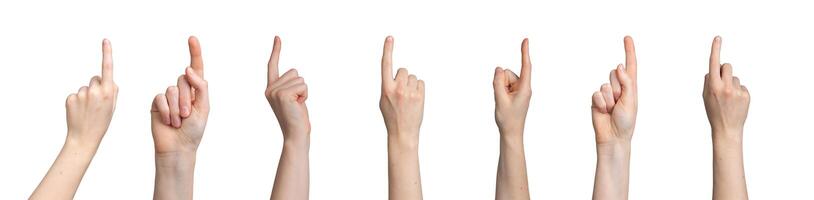 Index fingers pointing up, showing upwards, indicating to top, isolated on white background photo