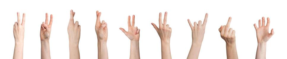 Hand gesture collection. Female showing different signs with fingers, palms, arms. Victory, luck, photo