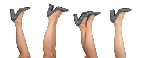 Women legs up, wearing heeled shoes set isolated on white photo