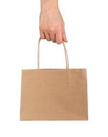 Hand holding gift and shopping bag, craft brown package isolated on white photo