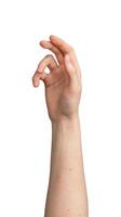 Female hand gesture concept. Isolated, white background. Hand showing abstract symbol, communication photo