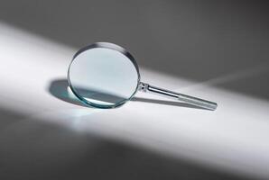 Silver magnifying glass. Zoom, search concept. Science object, minimal surveillance tool for reading photo