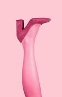 Pink shoe, heeled footwear on women leg raised up. Female foot wear. Funny sexy photo