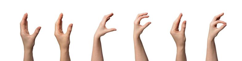 mano gestos recopilación. caucásico mujer demostración diferente señales con dedos, palmas, brazos. foto