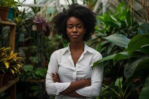 Black Business Woman in a Garden Center Surrounded by Greenery photo