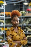 Black Business Woman in a Garden Center Surrounded by Greenery photo