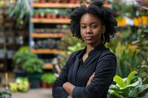 negro negocio mujer en un jardín centrar rodeado por verdor foto