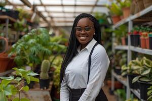 Black Business Woman in a Garden Center Surrounded by Greenery photo