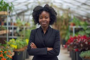 Black Business Woman in a Garden Center Surrounded by Greenery photo