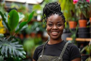 Black Business Woman in a Garden Center Surrounded by Greenery photo