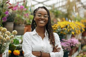 Black Business Woman in a Garden Center Surrounded by Greenery photo