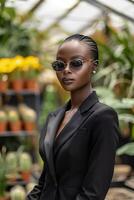 Black Business Woman in a Garden Center Surrounded by Greenery photo