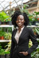 Black Business Woman in a Garden Center Surrounded by Greenery photo