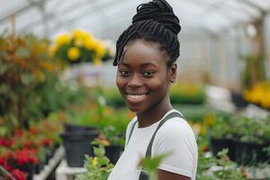 Black Business Woman in a Garden Center Surrounded by Greenery photo