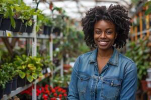 Black Business Woman in a Garden Center Surrounded by Greenery photo