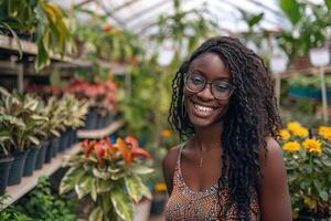 Black Business Woman in a Garden Center Surrounded by Greenery photo