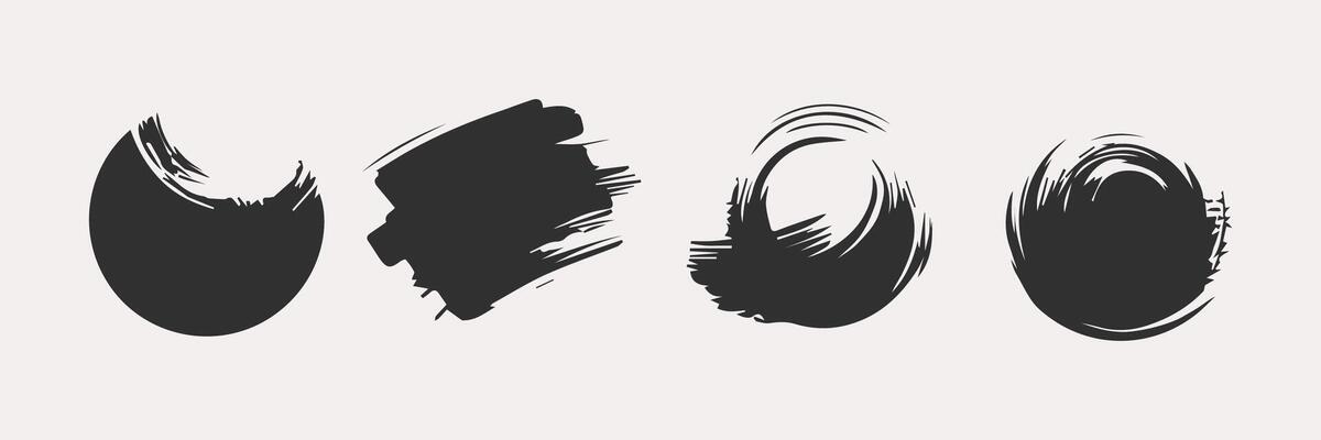 Black round paint brush stroke, ink splatter and artistic design elements. Dirty watercolor texture, box, frame, grunge background, splash or creative shape for social media. Abstract drawing.