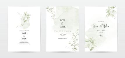 Set of invitation template cards with botanical and watercolor stains vector